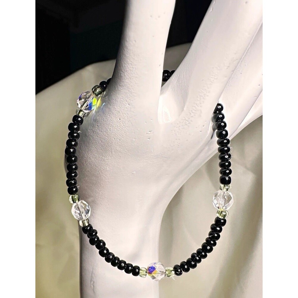 Sterling Silver 925 Aurora Borealis Crystal & Black, Green Seed Bracelet 8in